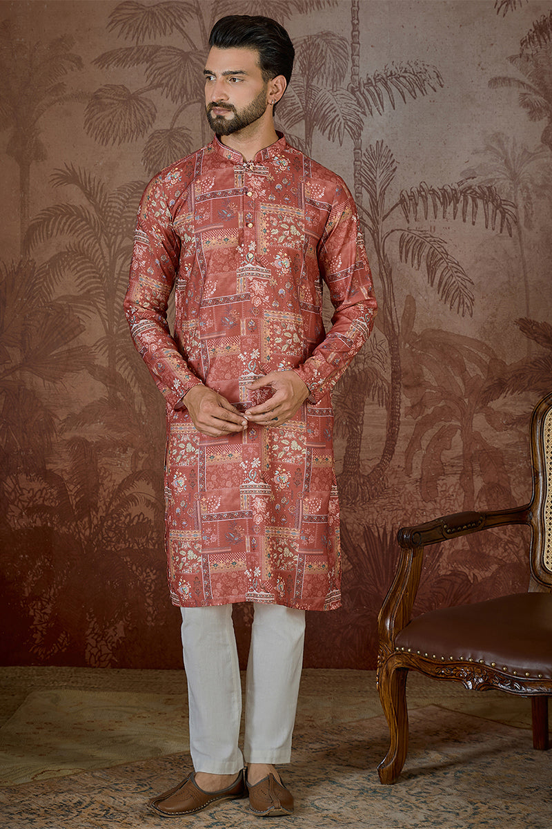 Mens Silk Blend Pink Abstract Printed Kurta