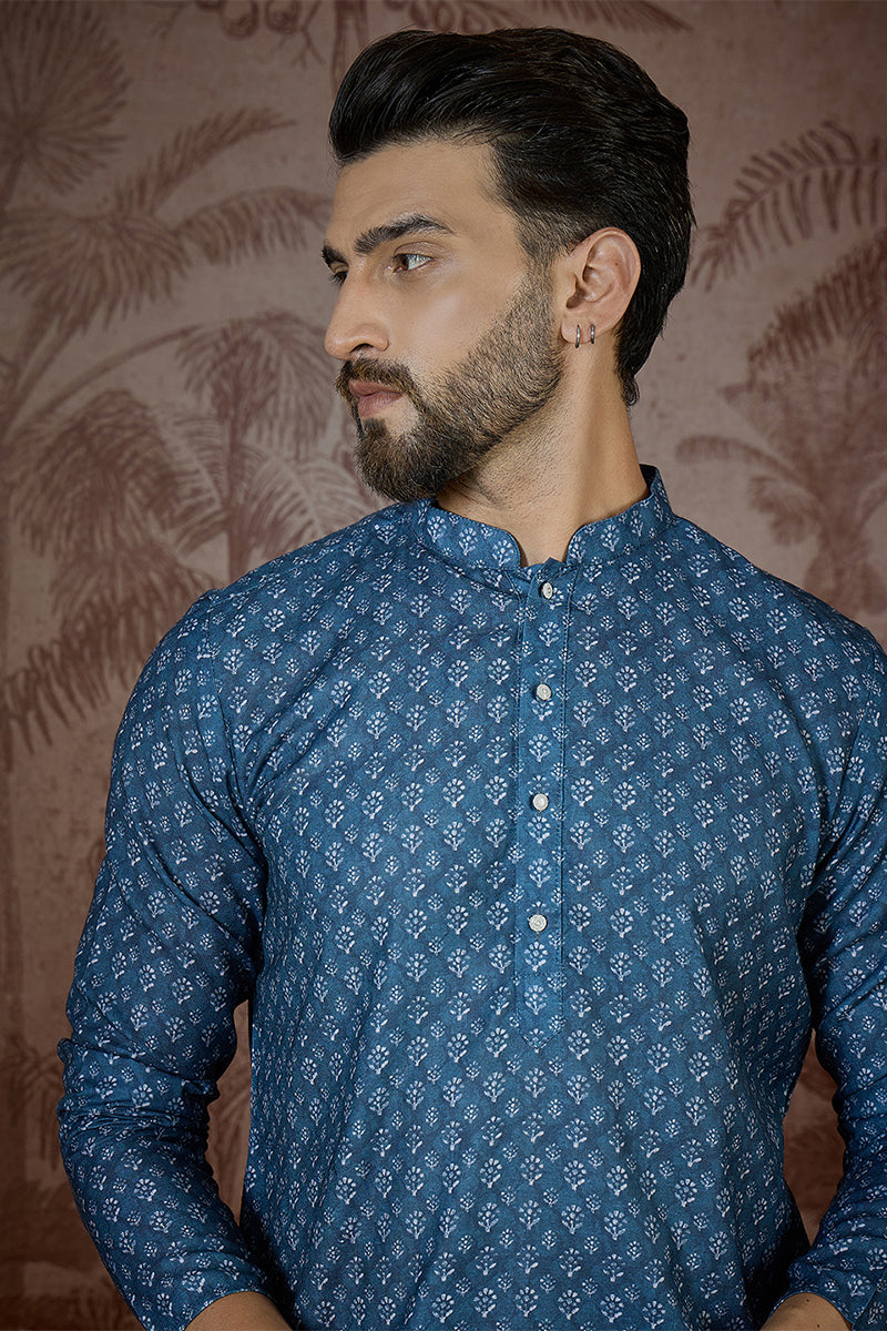 Mens Blue Poly Linen Floral Print Regular Kurta MKU2433