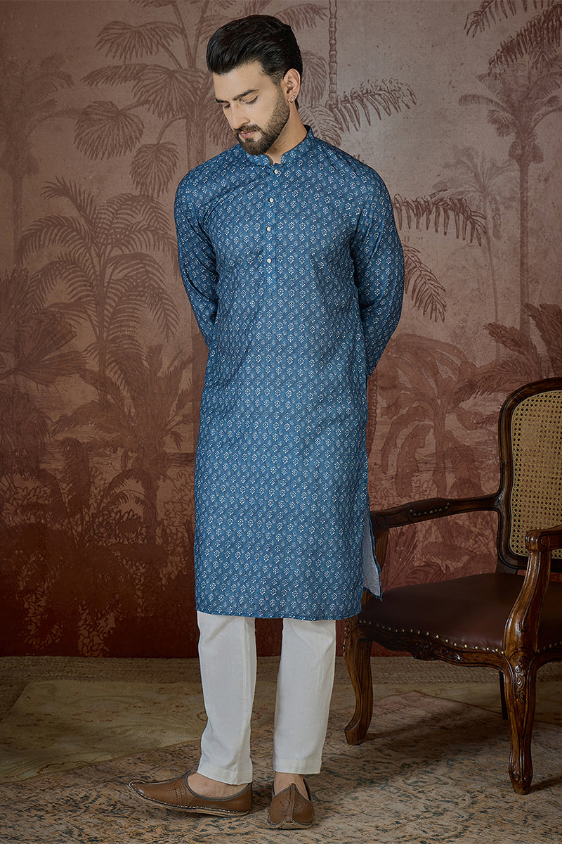 Mens Blue Poly Linen Floral Print Regular Kurta MKU2433
