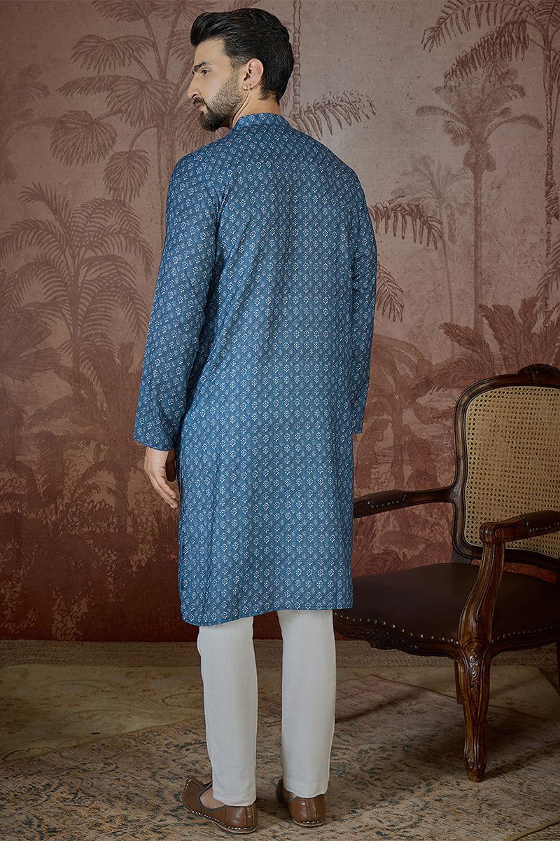Mens Blue Poly Linen Floral Print Regular Kurta MKU2433