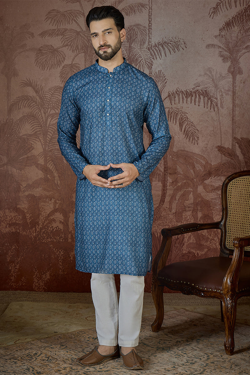 Mens Blue Poly Linen Floral Print Regular Kurta