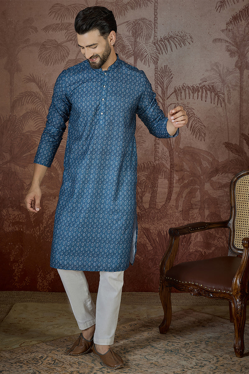 Mens Blue Poly Linen Floral Print Regular Kurta