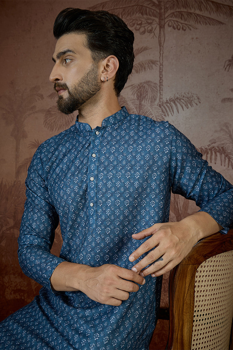 Mens Blue Poly Linen Floral Print Regular Kurta