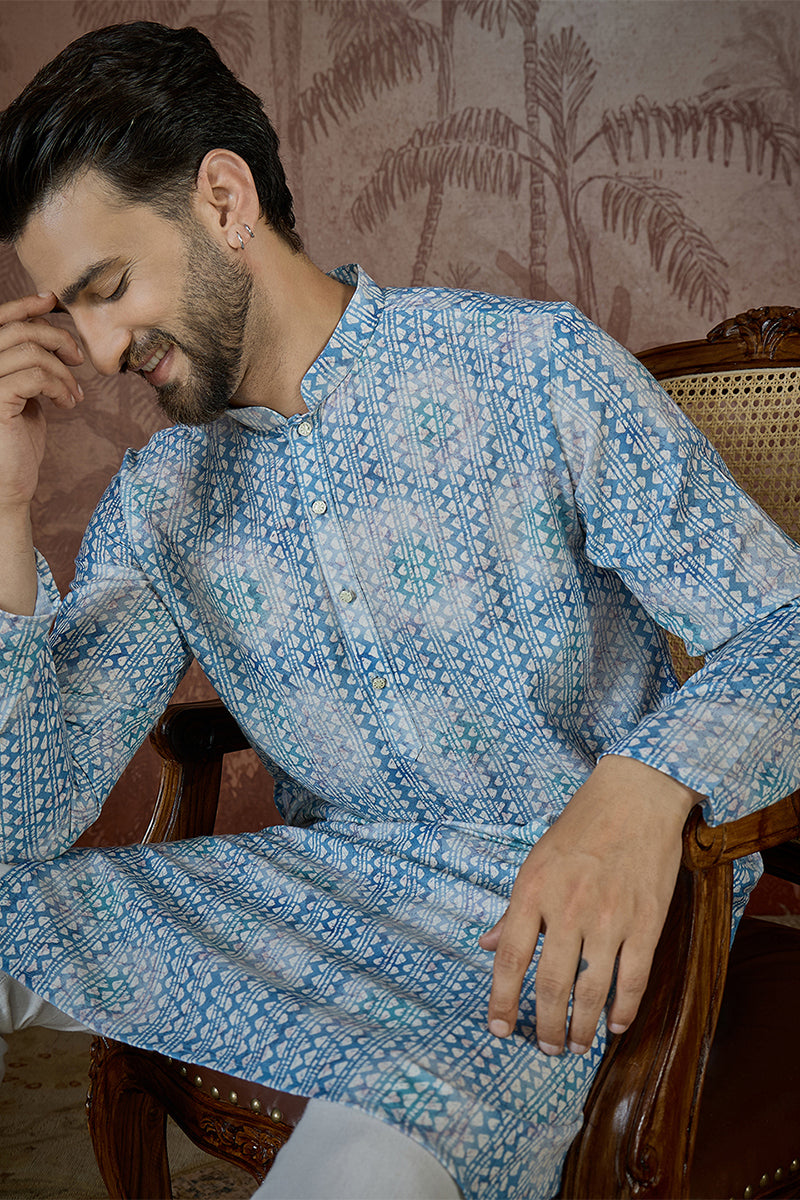 Mens Blue Linen Ethnic Motifs Printed Regular Kurta MKU2434