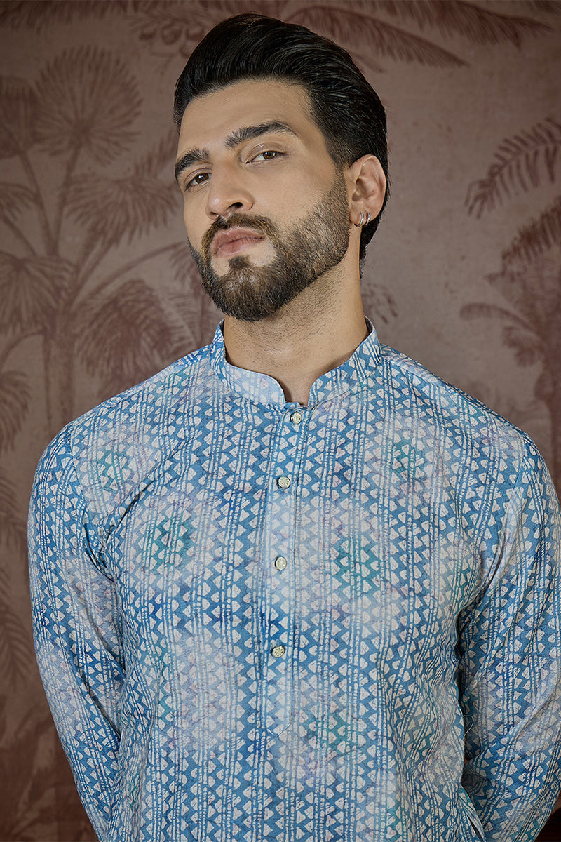 Mens Blue Linen Ethnic Motifs Printed Regular Kurta With Trouser MKSET2434