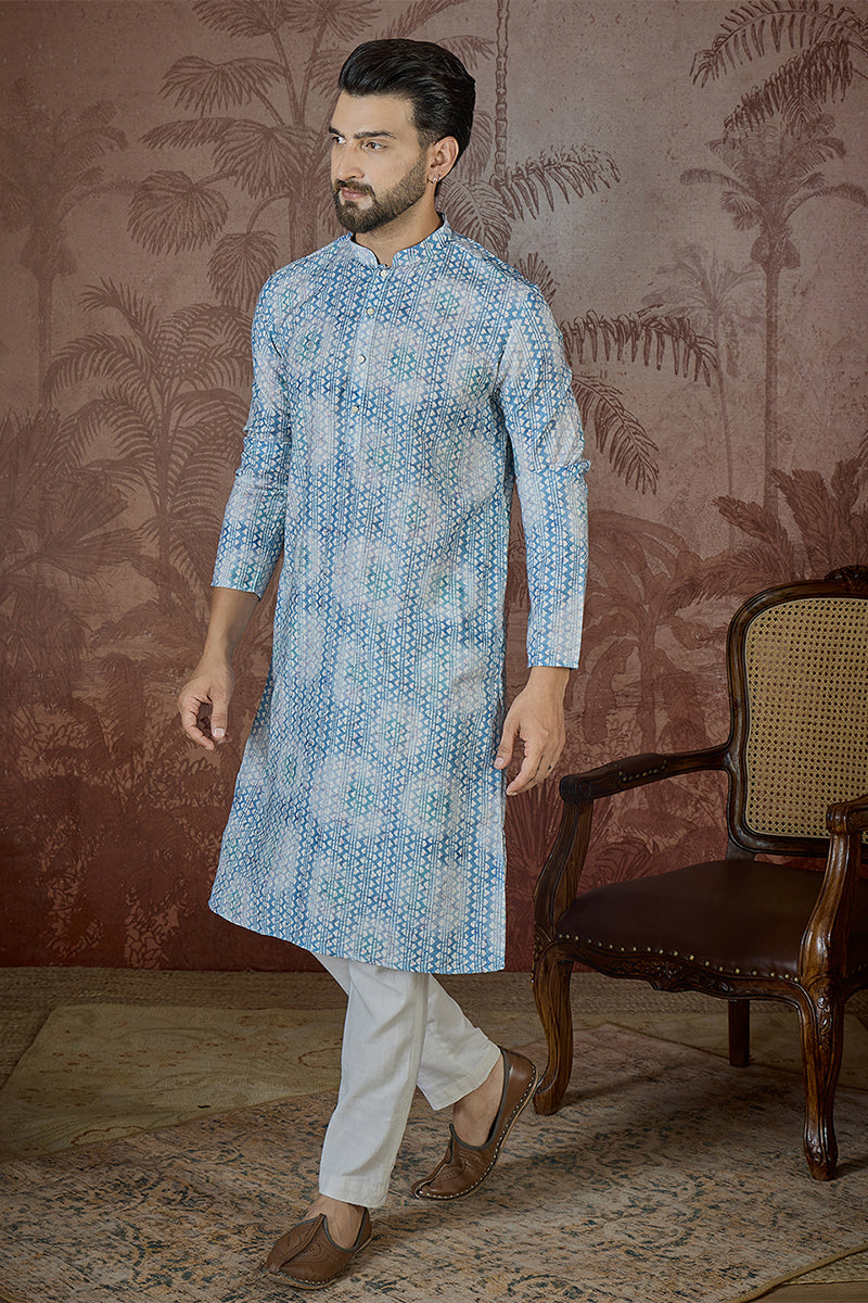 Mens Blue Linen Ethnic Motifs Printed Regular Kurta MKU2434