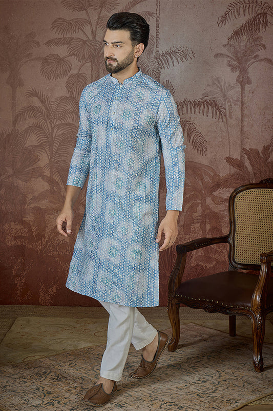 Mens Blue Linen Ethnic Motifs Printed Regular Kurta MKU2434