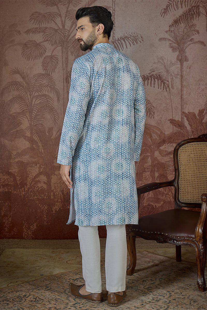 Mens Blue Linen Ethnic Motifs Printed Regular Kurta MKU2434
