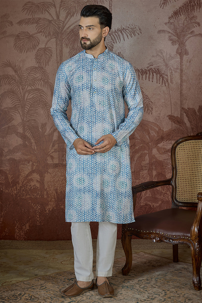 Mens Blue Linen Ethnic Motifs Printed Regular Kurta