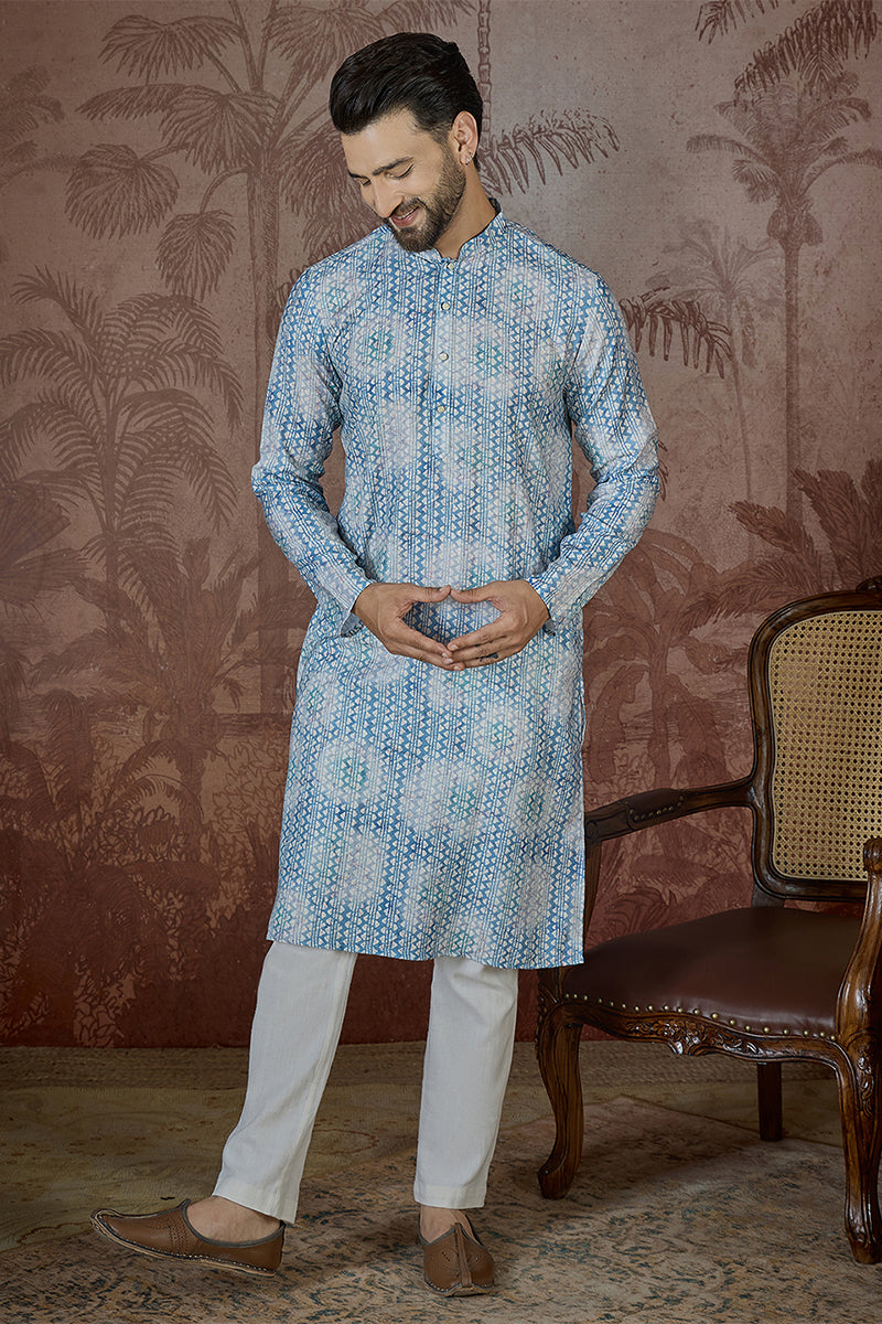 Mens Blue Linen Ethnic Motifs Printed Regular Kurta
