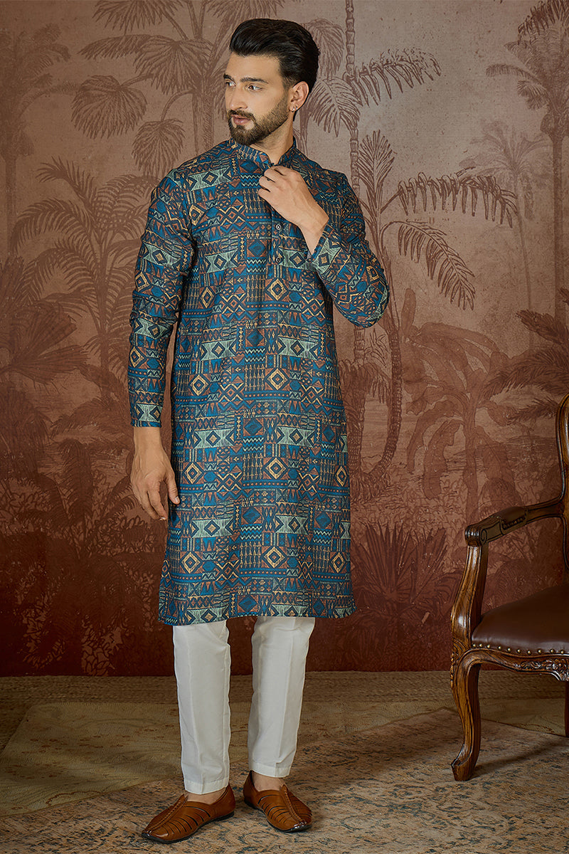 Mens Multi Linen Geometric Printed Kurta MKU2435