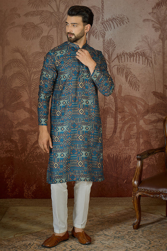 Mens Multi Linen Geometric Printed Kurta With Trouser MKSET2435