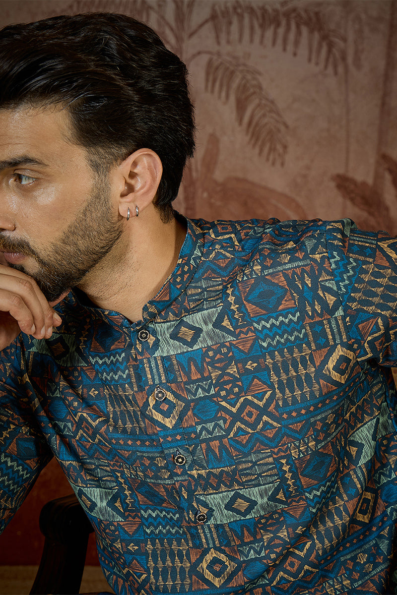 Mens Multi Linen Geometric Printed Kurta MKU2435