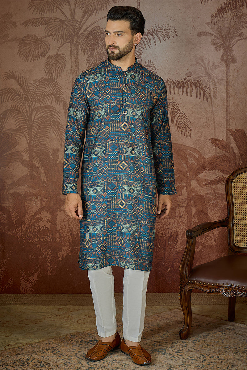 Mens Multi Linen Geometric Printed Kurta With Trouser MKSET2435