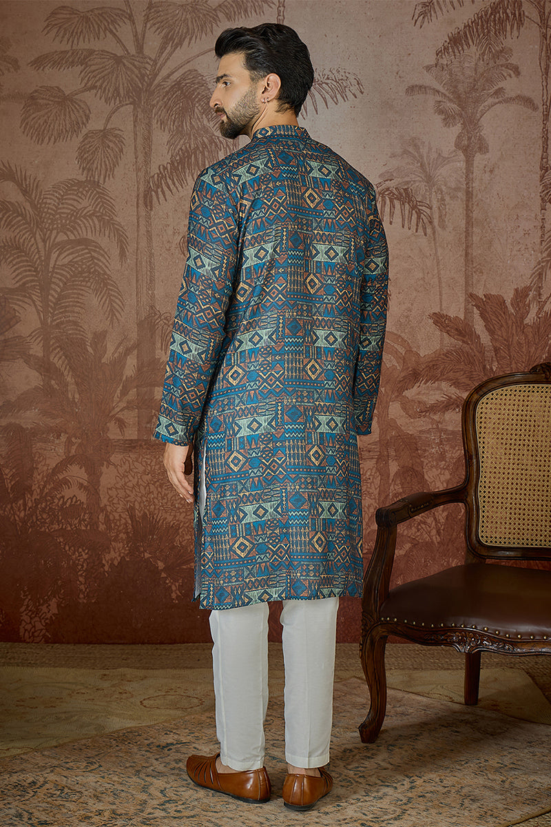 Mens Multi Linen Geometric Printed Kurta MKU2435