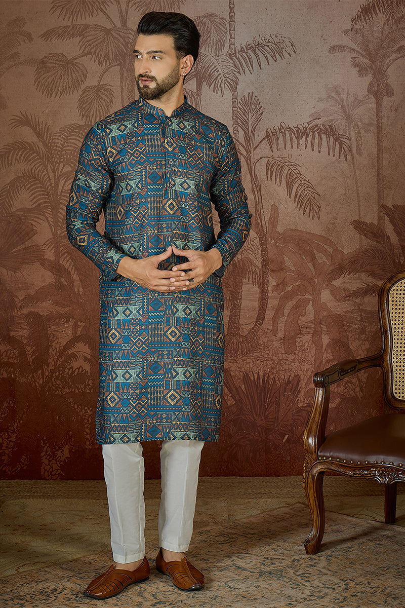 Mens Multi Linen Geometric Printed Kurta