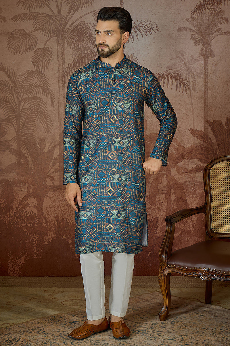 Mens Multi Linen Geometric Printed Kurta
