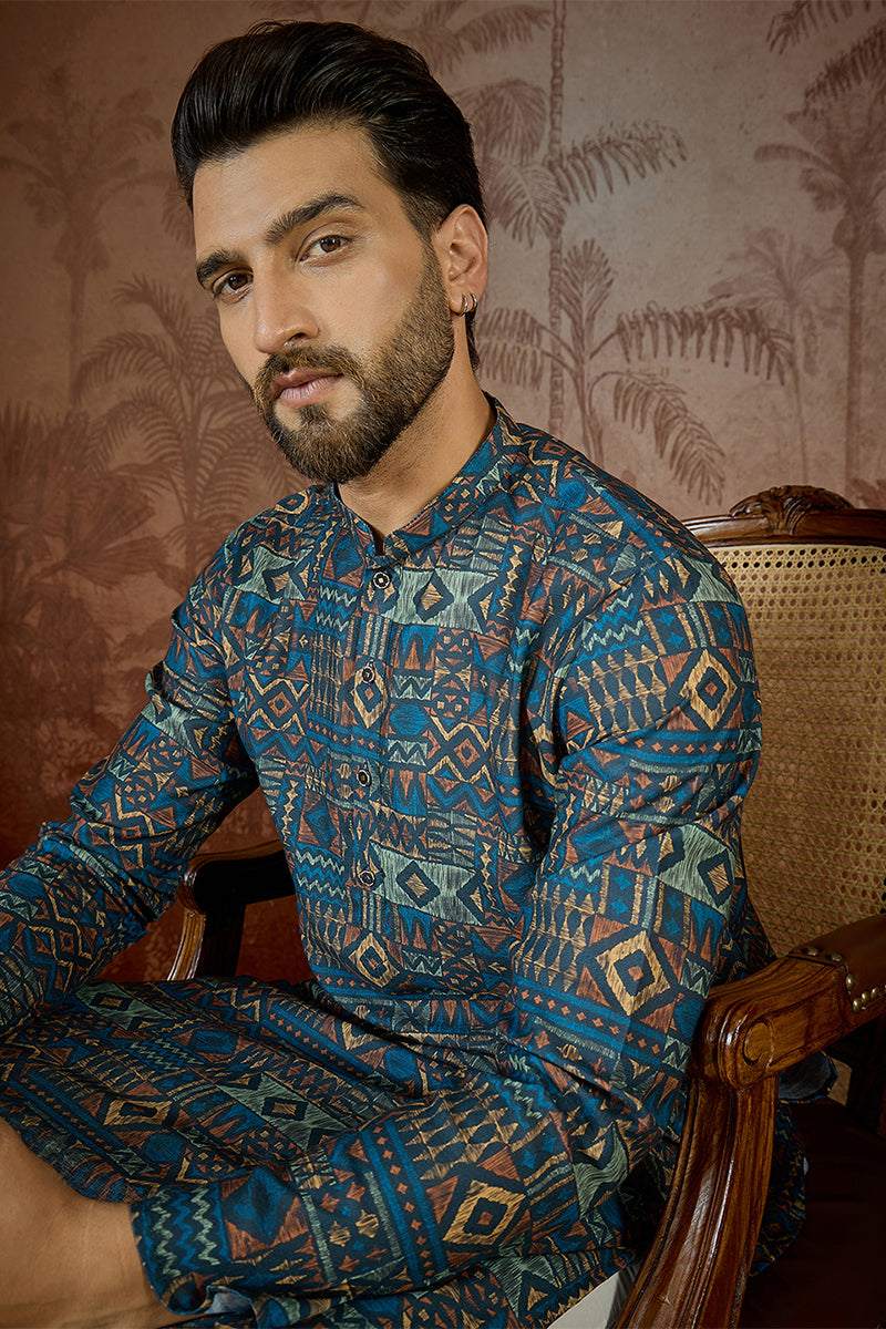 Mens Multi Linen Geometric Printed Kurta