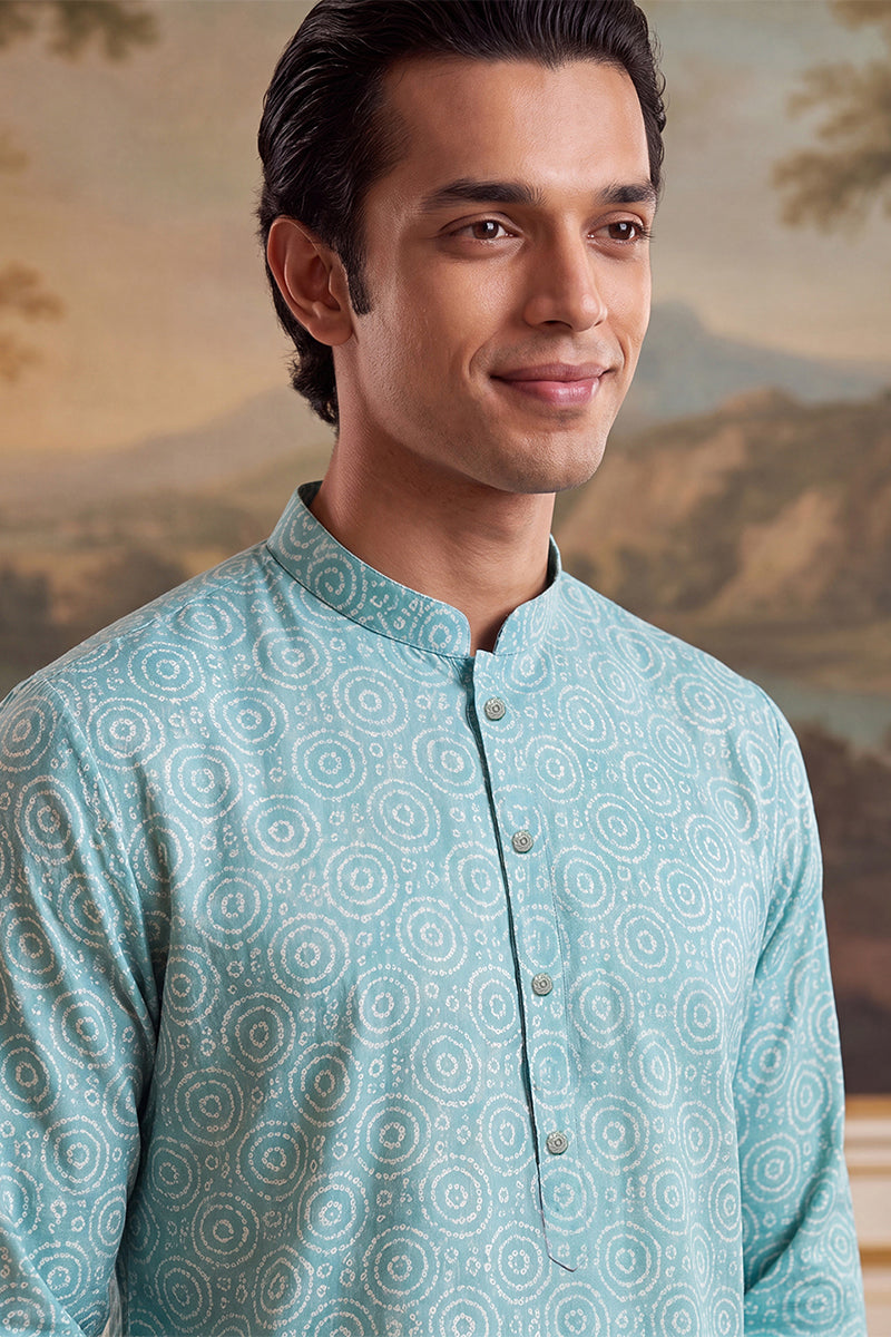 Mens Blue Linen Bandhani Printed Regular Kurta MKU2436
