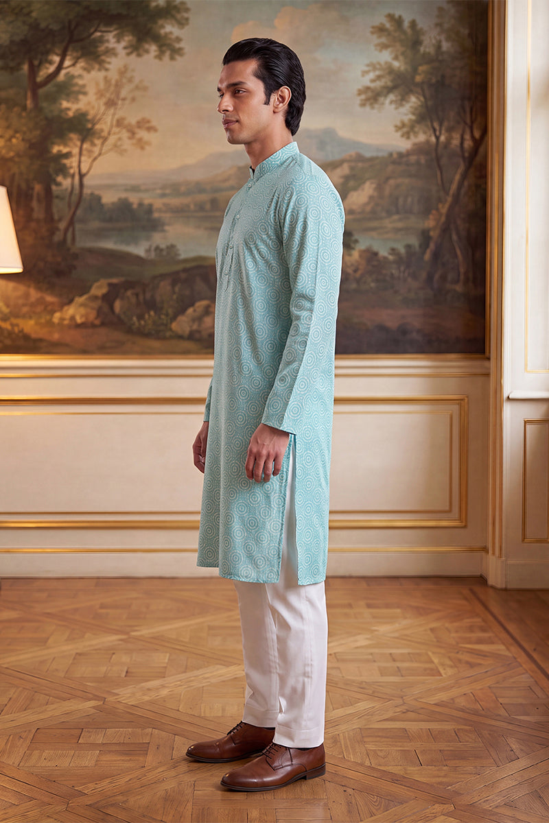 Mens Blue Linen Bandhani Printed Regular Kurta MKU2436
