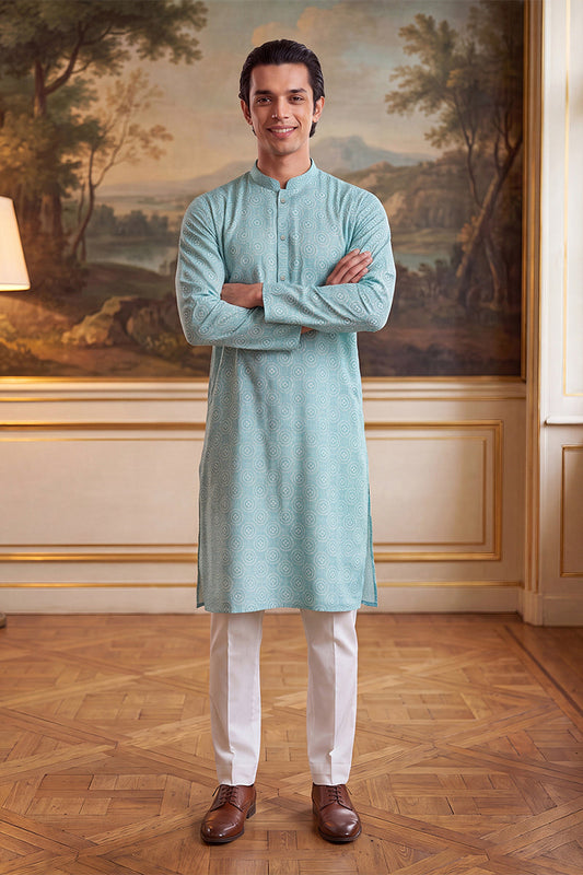 Mens Blue Linen Bandhani Printed Regular Kurta With Trouser