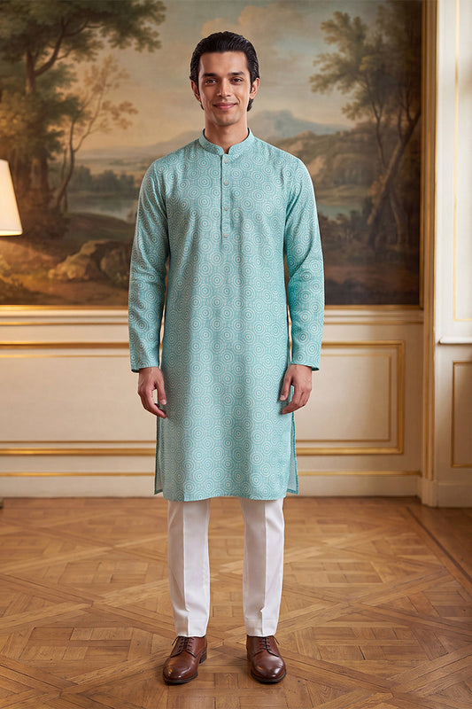 Mens Blue Linen Bandhani Printed Regular Kurta