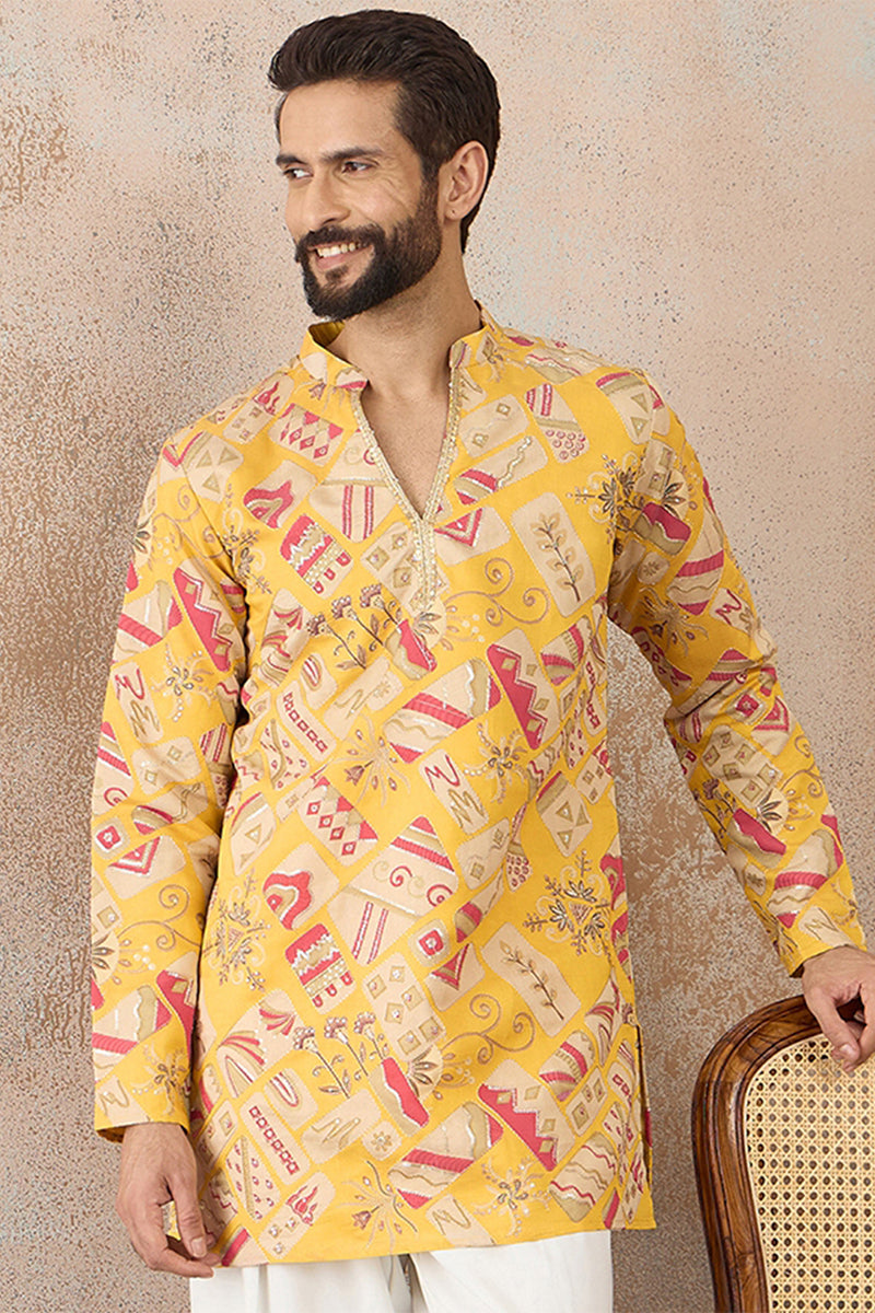 Mens Yellow Silk Blend Ethnic Motifs Embroidered Kurta MKU2455