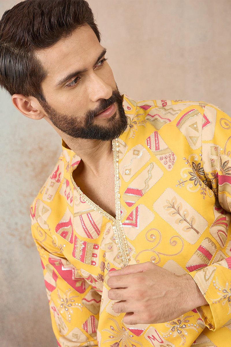 Mens Yellow Silk Blend Ethnic Motifs Embroidered Kurta With Trouser MKSET2455