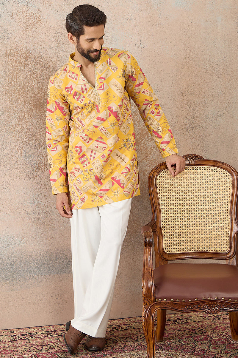 Mens Yellow Silk Blend Ethnic Motifs Embroidered Kurta With Trouser MKSET2455