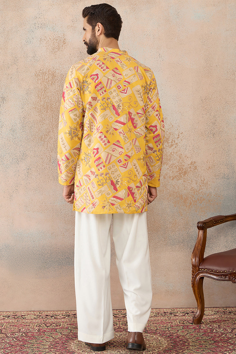 Mens Yellow Silk Blend Ethnic Motifs Embroidered Kurta With Trouser MKSET2455
