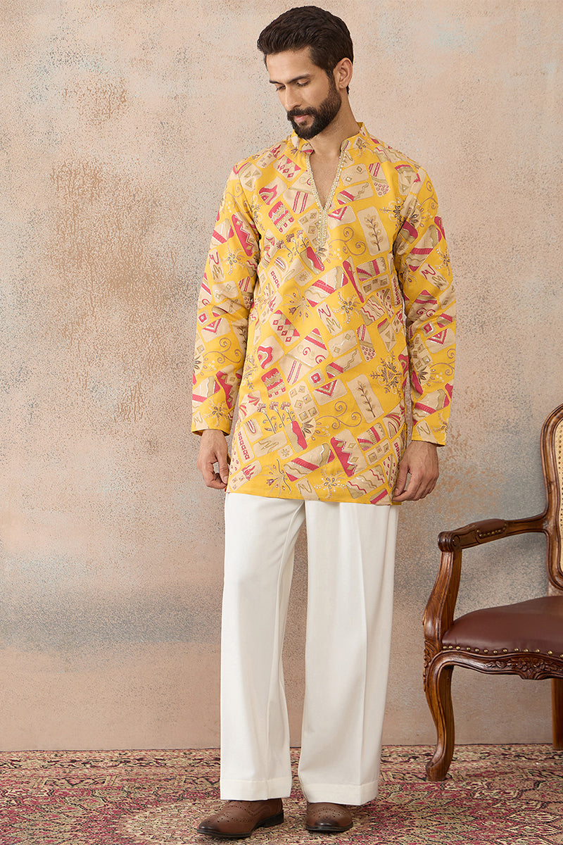 Mens Yellow Silk Blend Ethnic Motifs Embroidered Kurta