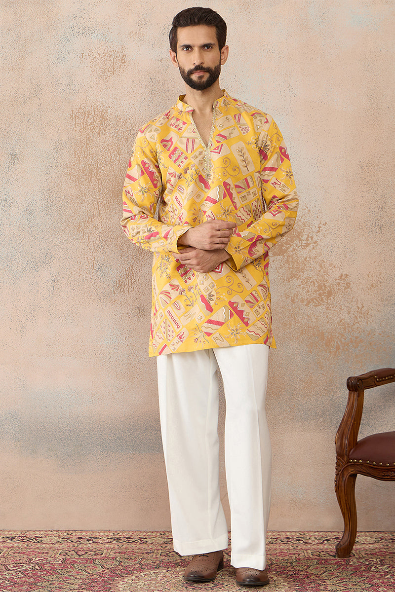 Mens Yellow Silk Blend Ethnic Motifs Embroidered Kurta