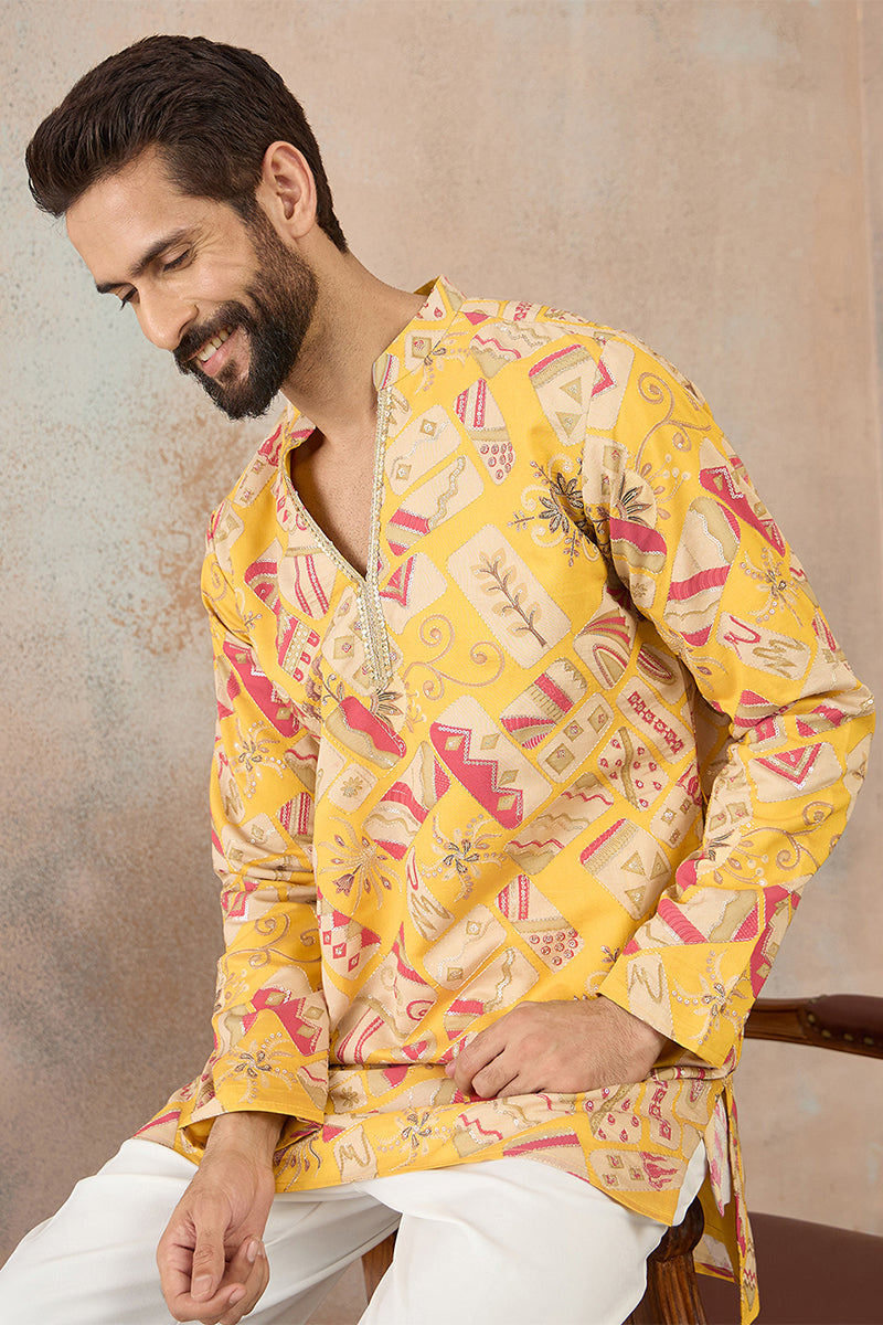 Mens Yellow Silk Blend Ethnic Motifs Embroidered Kurta