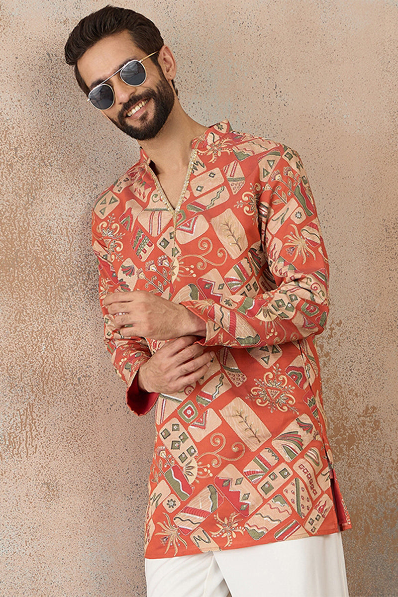 Mens Coral Silk Blend Abstract Embroidered Kurta With Trouser MKSET2458