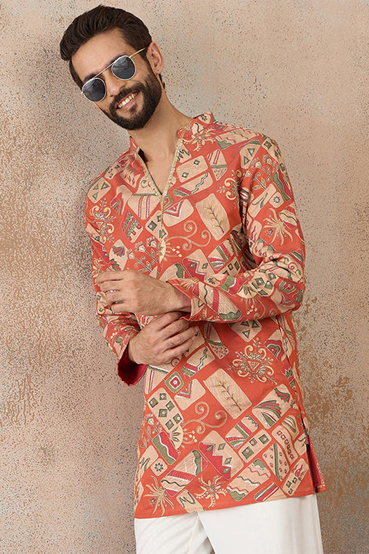 Mens Coral Silk Blend Abstract Embroidered Kurta With Trouser MKSET2458