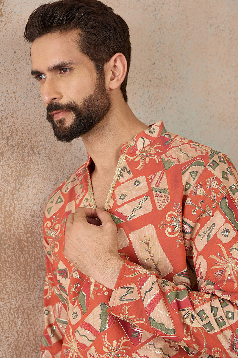 Mens Coral Silk Blend Abstract Embroidered Kurta With Trouser MKSET2458
