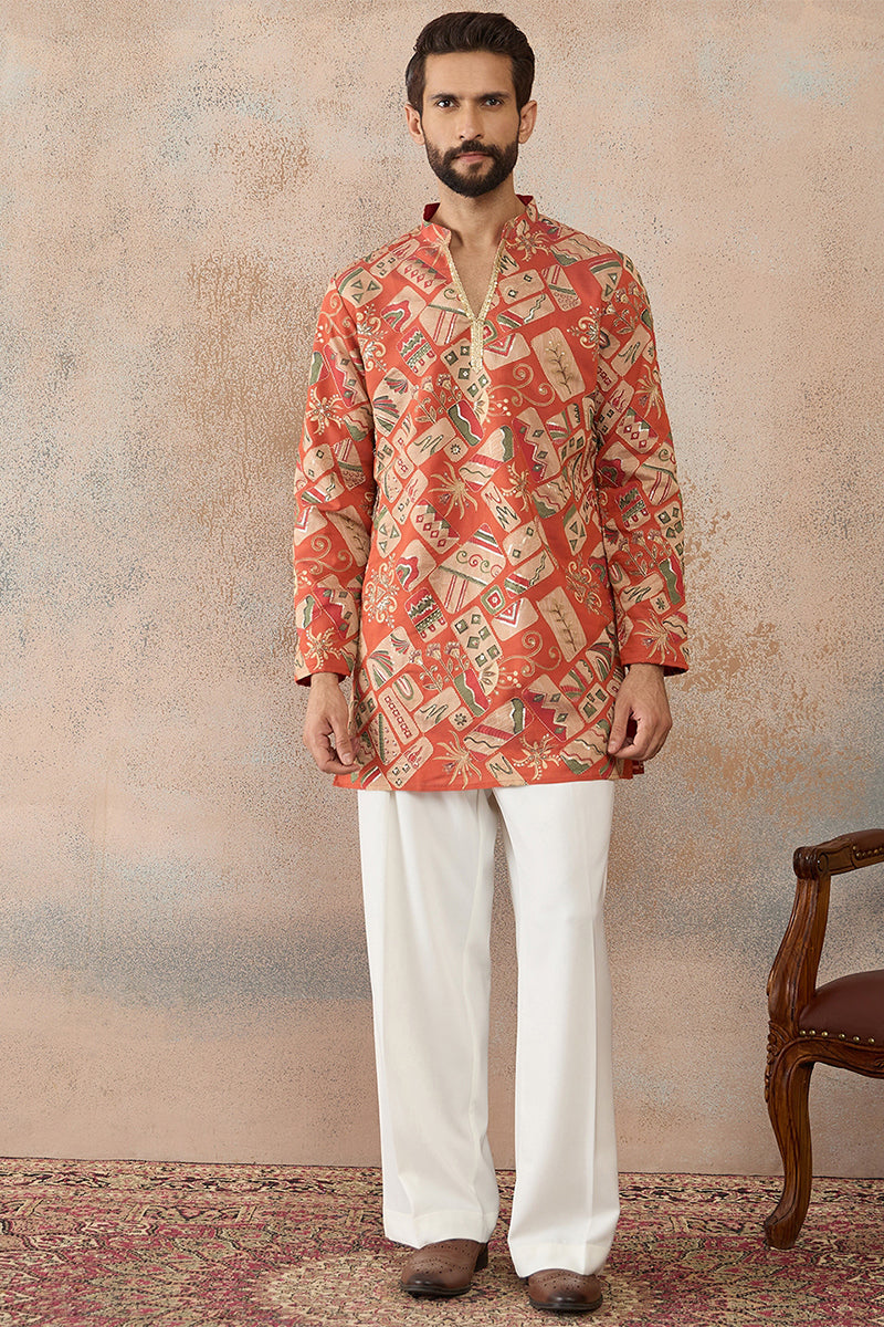Mens Coral Silk Blend Abstract Embroidered Kurta With Trouser MKSET2458