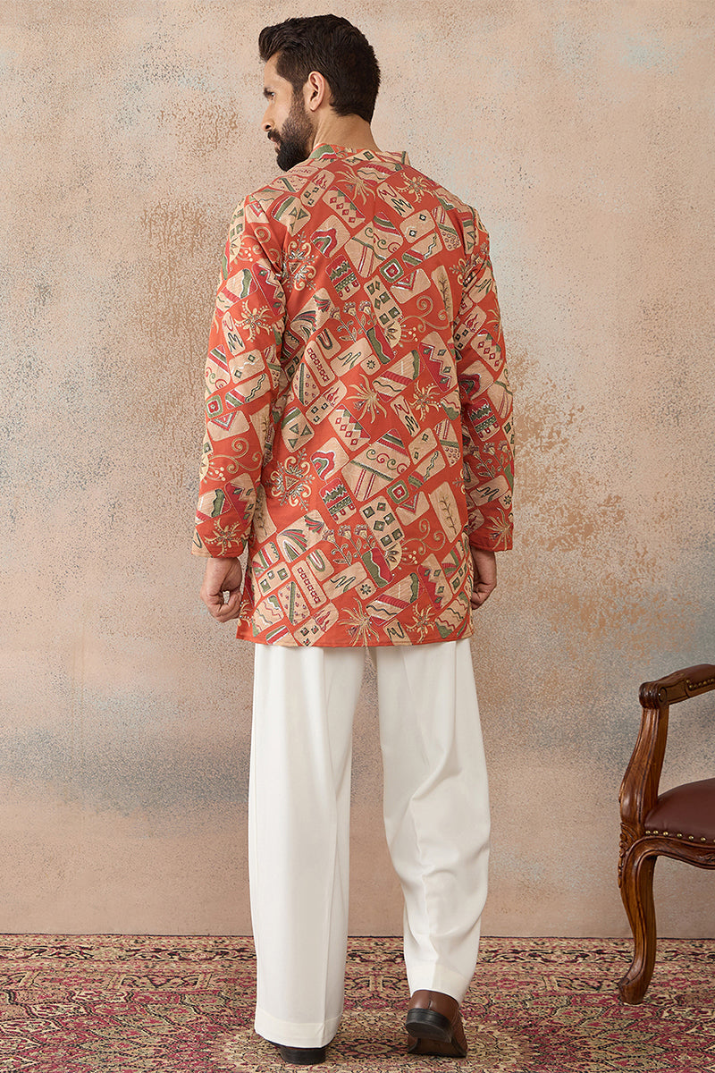 Mens Coral Silk Blend Abstract Embroidered Kurta MKU2458