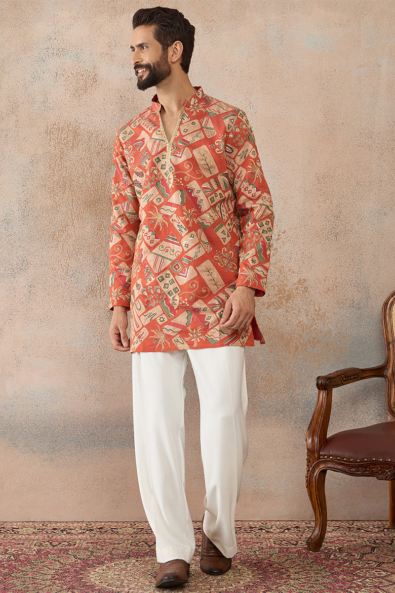 Mens Coral Silk Blend Abstract Embroidered Kurta With Trouser