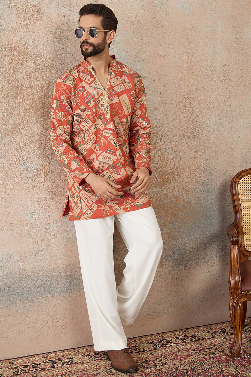 Mens Coral Silk Blend Abstract Embroidered Kurta