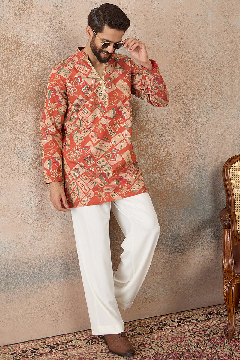 Mens Coral Silk Blend Abstract Embroidered Kurta