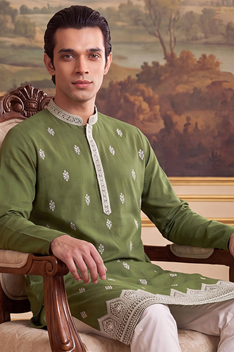 Mens Green Silk Blend Solid Embroidered Kurta MKU2486