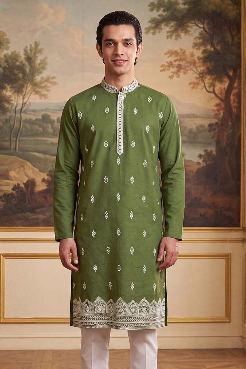 Mens Green Silk Blend Solid Embroidered Kurta With Trouser MKSET2486