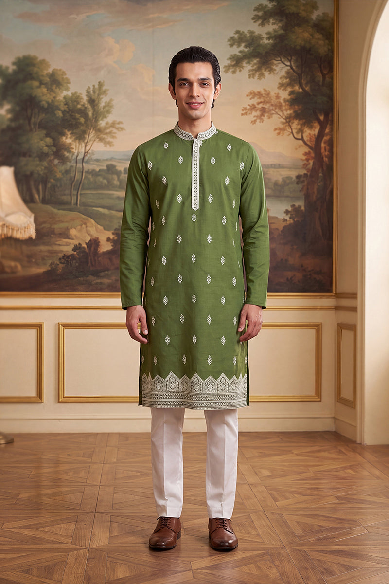 Mens Green Silk Blend Solid Embroidered Kurta