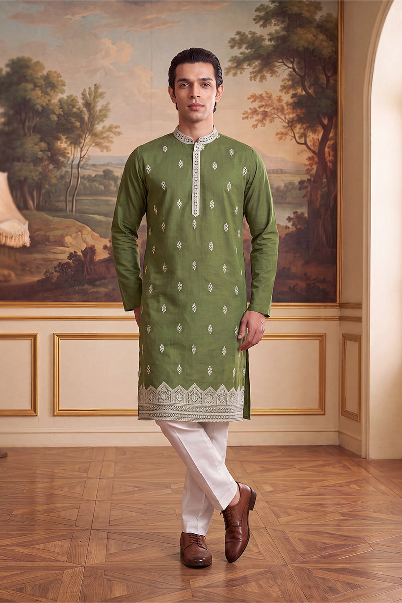 Mens Green Silk Blend Solid Embroidered Kurta
