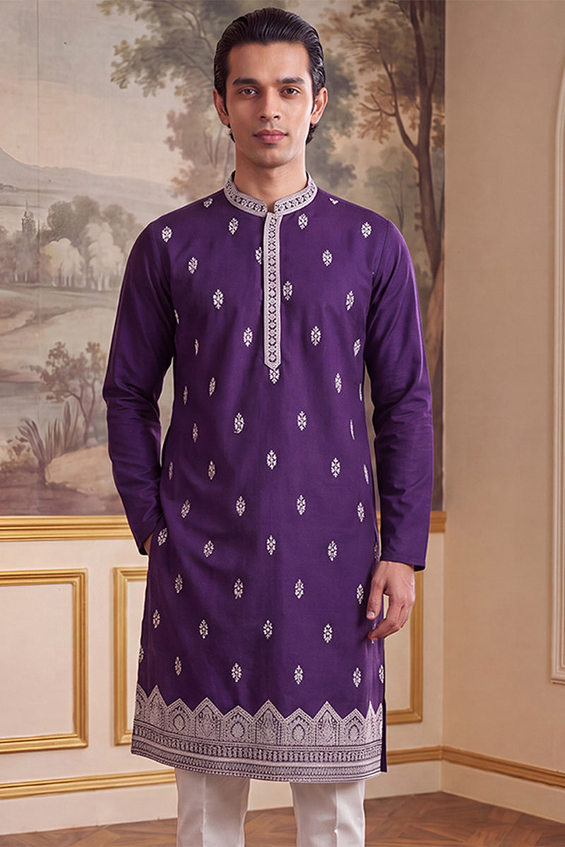 Mens Violet Silk Blend Solid Embroidered Kurta With Trouser MKSET2487