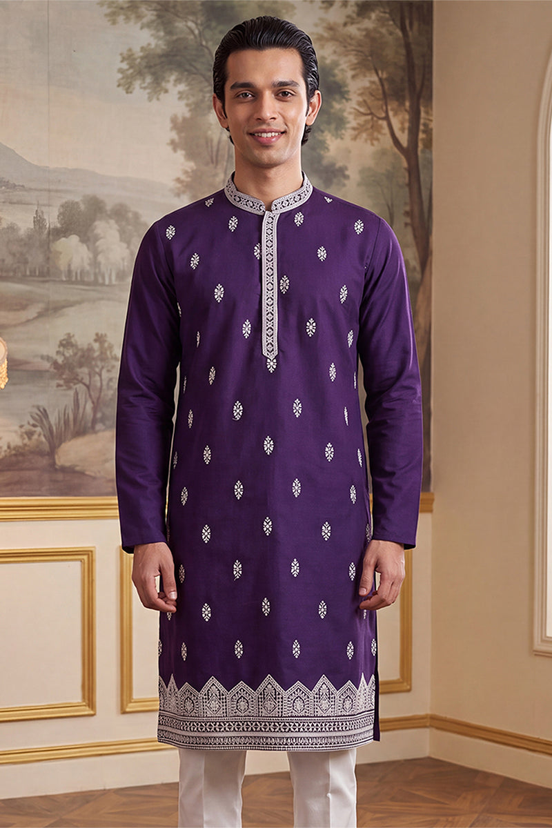 Mens Violet Silk Blend Solid Embroidered Kurta MKU2487