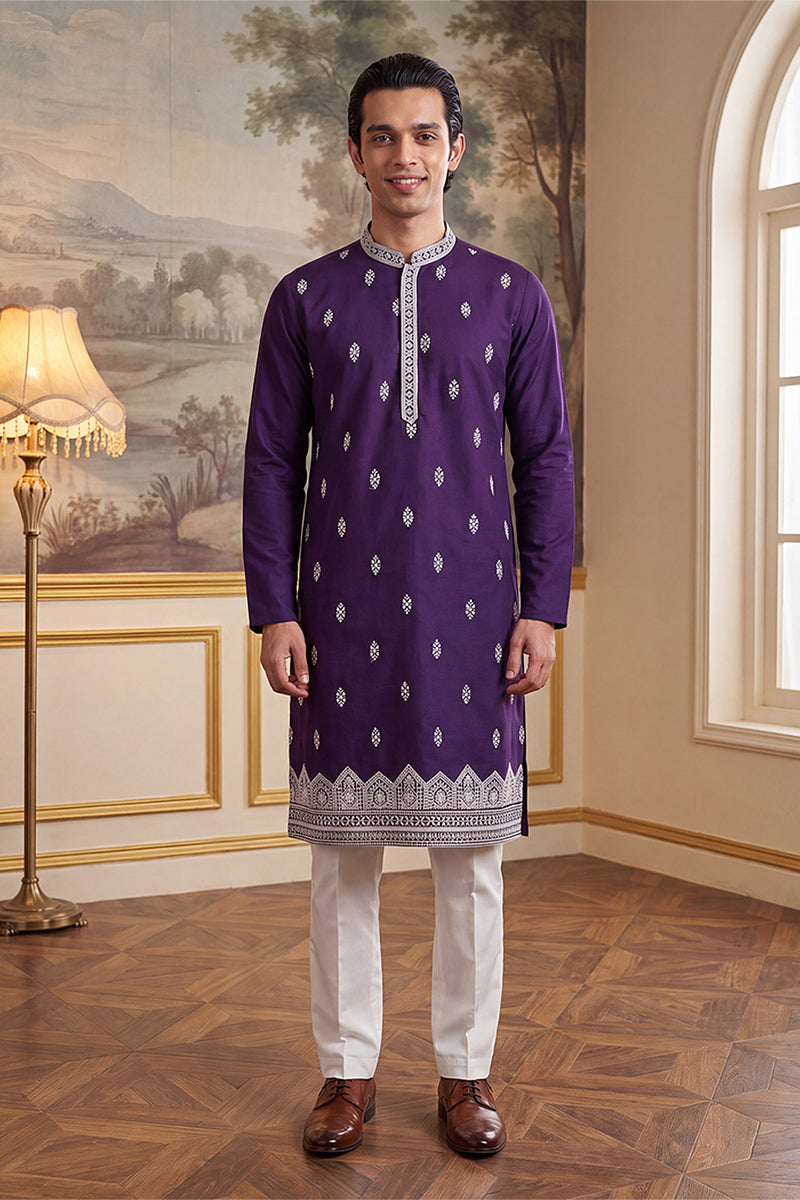 Mens Violet Silk Blend Solid Embroidered Kurta MKU2487