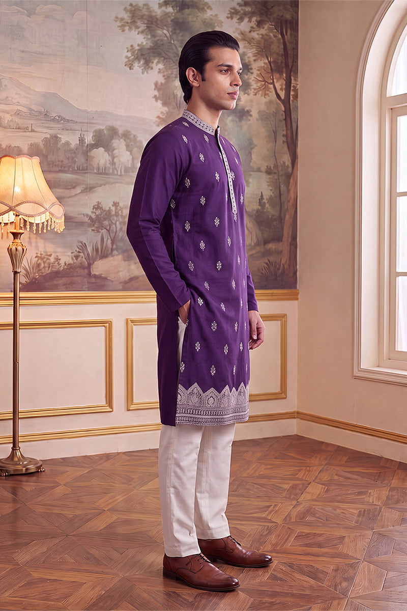 Mens Violet Silk Blend Solid Embroidered Kurta MKU2487