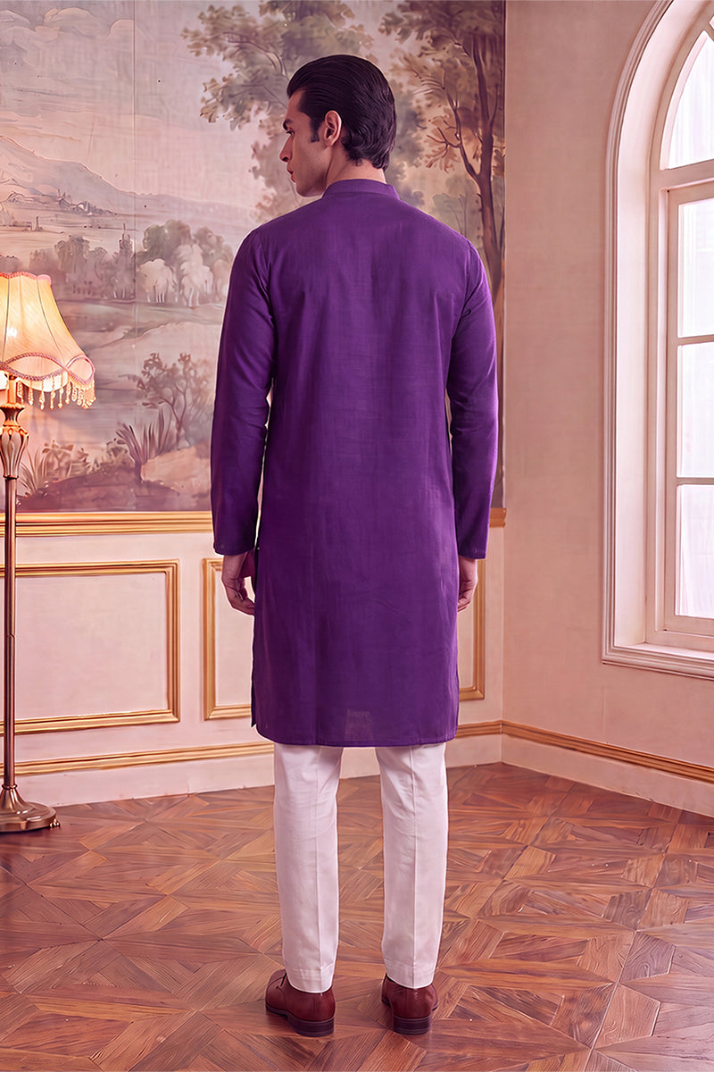 Mens Violet Silk Blend Solid Embroidered Kurta